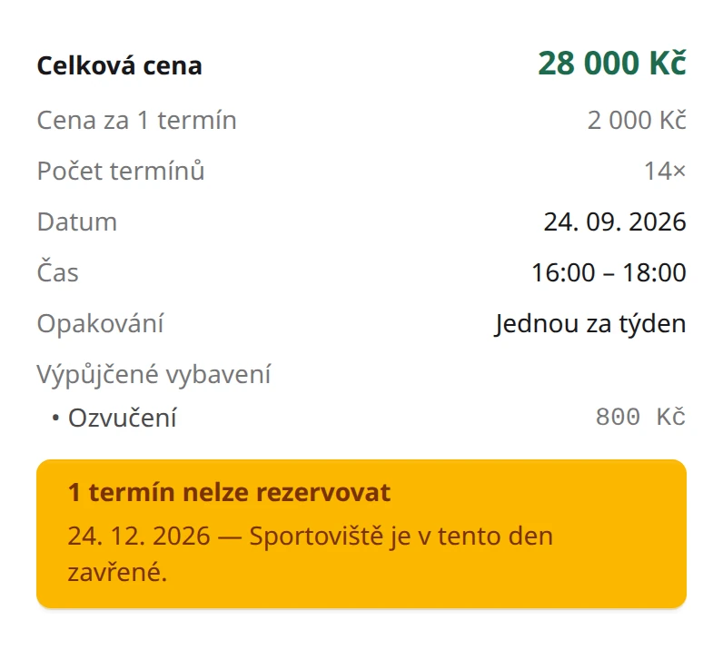 Shrnutí opakované rezervace: 14 termínů, celková cena 28 000 Kč, jeden termín připadá na zavřený den